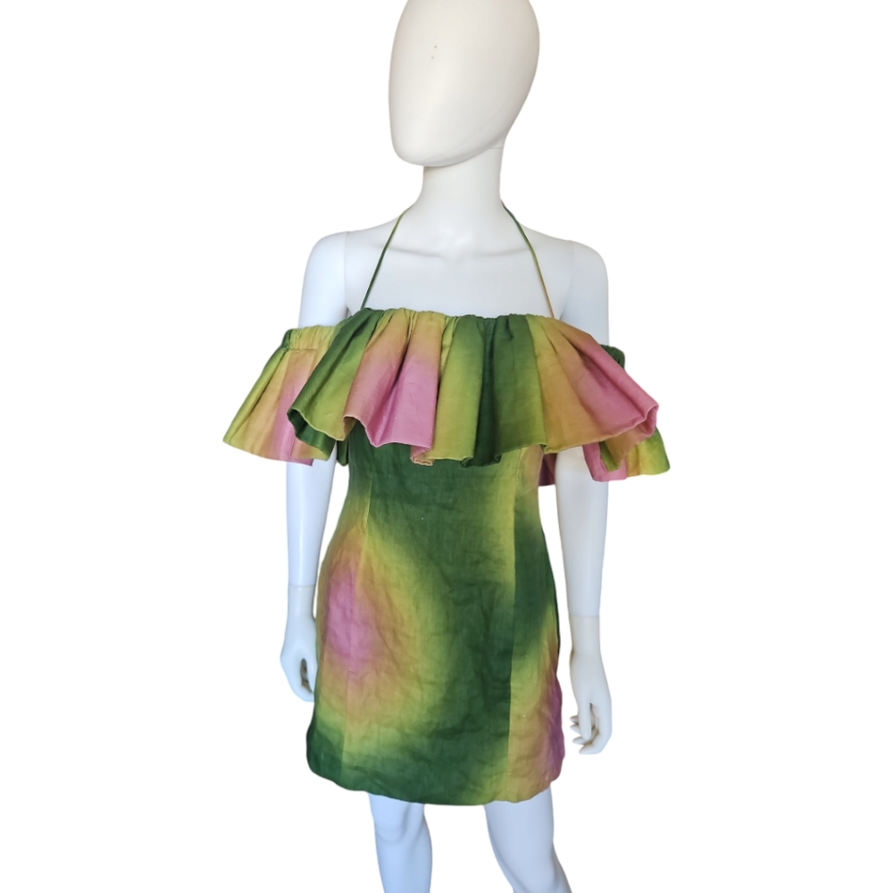 THE WOLF GANG | NWT Linen Off-Shoulder Ruffle Mini Dress | Tie-Dye | Size M